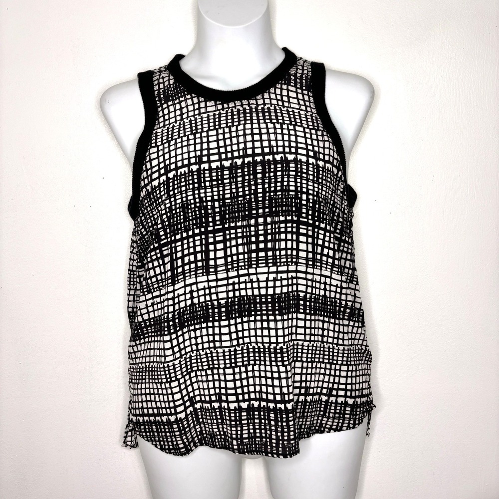 Michael Stars Silk Top Women Medium Black White Abstract Knit Trim Career Office